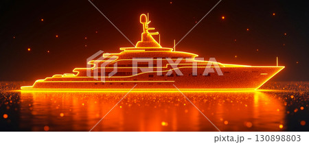 Luxury yacht illuminated at night reflecting in calm waters with vibrant orange glow 130898803