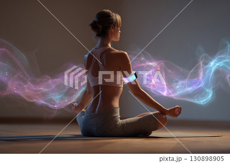 A young, slender girl sits in the lotus position at home. The smart bracelet on her hand measures her biological parameters during her workout. A young, slender girl sits in the lotus position at home. The smart bracelet on her hand measures her biological parameters during her workout. 130898905
