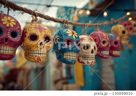 A garland of decorative skulls for Day of the Dead is strung between houses on a city street. 130899010