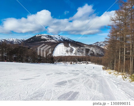 滑走跡と圧雪模様が残る冬のゲレンデと湯ノ丸山の景色 (長野県/東御市、群馬県/嬬恋村、湯の丸高原) 130899031