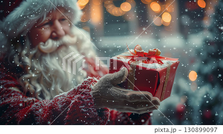 Santa Claus holding red Christmas gift box with golden ribbon in snowy festive atmosphere Santa Claus holding red Christmas gift box with golden ribbon in snowy festive atmosphere 130899097