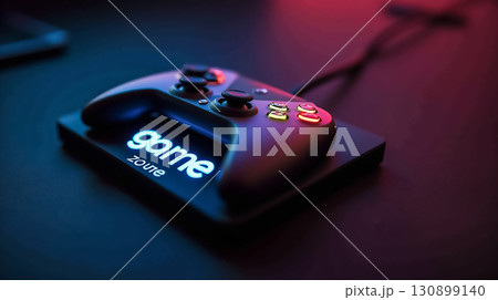 Gaming controller on a dark surface with illuminated 'game zone' branding during an evening gaming session 130899140