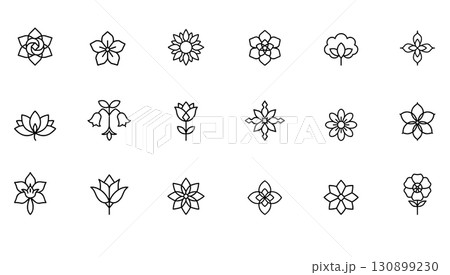 Floral icon set displays various blossoms. Flower collection shows different bloom shapes minimal style. Decoration design botany nature. Black line art vector white background. 130899230