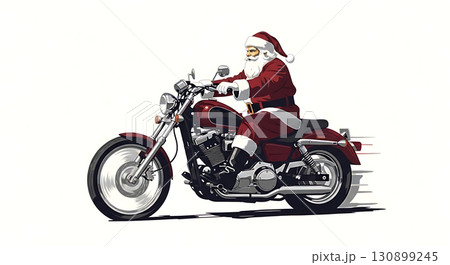 Santa Claus dressed in traditional red suit rides a motorcycle at high speed, with wind depicted in motion lines, showcasing a mix of Christmas and adventurous spirit Santa Claus dressed in traditional red suit rides a motorcycle at high speed, with wind depicted in motion lines, showcasing a mix of Christmas and adventurous spirit 130899245