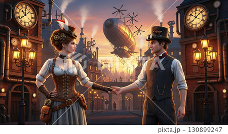 Steampunk-inspired scene with a woman in a corseted dress and man in vest and top hat, standing on a cobblestone street with vintage street lamps, large clock faces, and floating airship Steampunk-inspired scene with a woman in a corseted dress and man in vest and top hat, standing on a cobblestone street with vintage street lamps, large clock faces, and floating airship 130899247