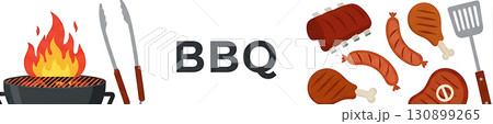 Flaming grill with tongs on left, large "BBQ" text centered, and assorted grilled meats with spatula on right; includes ribs, sausages, and drumsticks 130899265