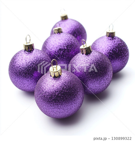 Purple Christmas tree toys on white background. Clipart with balls for text . Wallpaper for design Purple Christmas tree toys on white background. Clipart with balls for text . Wallpaper for design 130899322
