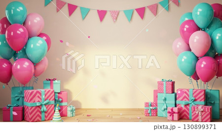 Pink and turquoise balloons with gift boxes and confetti, ideal for a birthday background 130899371