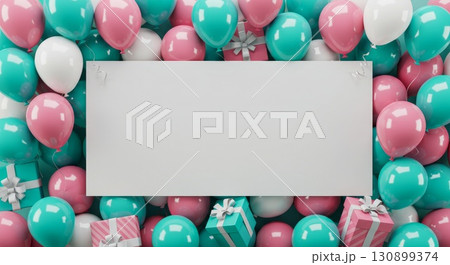 Colorful balloons and gift boxes with a blank white card for your text. Birthday and celebration background 130899374