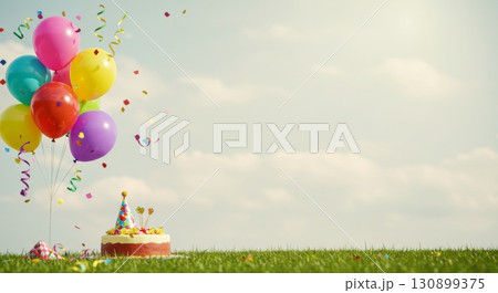 A birthday cake and colorful balloons with confetti on green grass against a clear sky with copy space 130899375