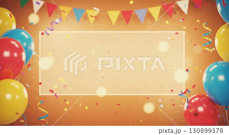 Festive birthday background with colorful balloons, bunting, and a blank frame with copy space 130899378