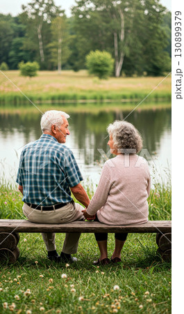 A happy elderly couple sitting on a bench by a lake, holding hands and enjoying a peaceful moment together 130899379