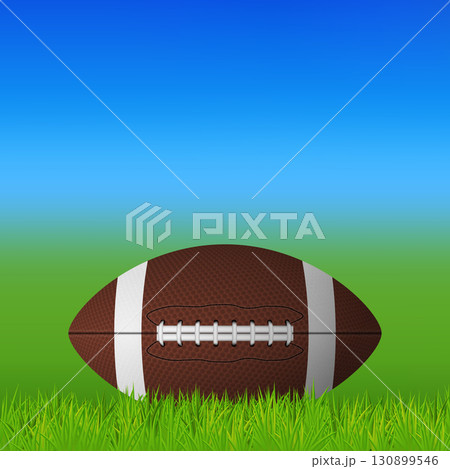 American Football Ball on Grass Field Vector Illustration with Blue Sky Background. Rugby Ball Icon for Sport Match, Training, Poster, Team Competition, Championship Banner 130899546