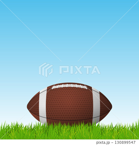 American Football Ball on Grass Field Vector Illustration with Blue Sky Background. Rugby Ball Icon for Sport Match, Training, Poster, Team Competition, Championship Banner 130899547