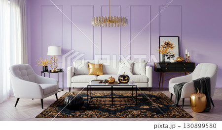 Luxurious and modern living room decorated for Halloween in purple and gold 130899580