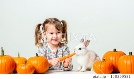 Smiling little girl feeding a white bunny with a carrot among orange pumpkins 130899581