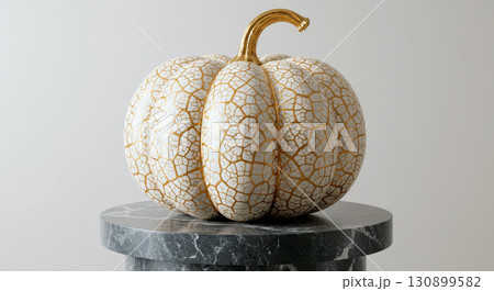 Artistic image of a white pumpkin with a golden, crackle pattern and a golden stem on a marble pedestal 130899582