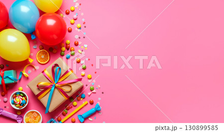 Colorful festive birthday background with a gift box, balloons, and candy 130899585