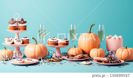 Modern and stylish Halloween dessert table with cupcakes, cookies, pumpkins, and champagne on a blue background 130899587