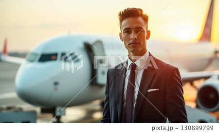 Business traveler stands confidently in front of an aircraft during sunset at the airport terminal 130899799