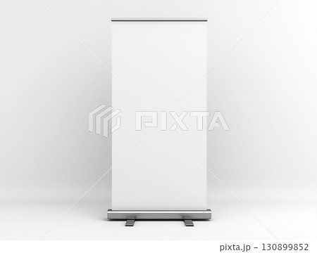 Blank display banner standing on a solid surface, ideal for advertising and promotional events Blank display banner standing on a solid surface, ideal for advertising and promotional events 130899852
