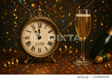 Countdown to midnight with sparkling wine and festive decorations for New Year's celebration Countdown to midnight with sparkling wine and festive decorations for New Year's celebration 130900040