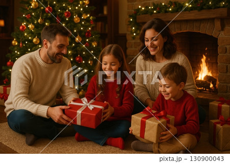 Family gathers around the Christmas tree to exchange gifts and celebrate the holiday season in a cozy living room 130900043