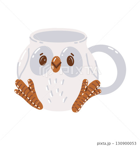 Cute owl shaped cup. Vector flat illustration isolated on white background. Cozy autumn mug. Mug with animal. Cute owl shaped cup. Vector flat illustration isolated on white background. Cozy autumn mug. Mug with animal. 130900053