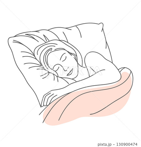 Woman sleeping peacefully on a pillow, covered with a blanket. Line illustration. Woman sleeping peacefully on a pillow, covered with a blanket. Line illustration. 130900474