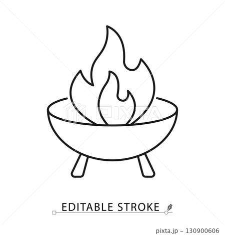 A fire pit icon in minimalist style with editable stroke. Outdoor furniture, backyard decor, patio element, garden fire bowl, relaxation design, camping symbol, warmth concept, leisure object. 130900606