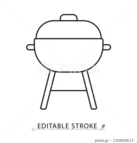 A barbecue grill icon in minimalist style with editable stroke. Outdoor furniture, garden cooking element, patio decor, backyard grill, summer activity, picnic symbol, leisure design, food concept. 130900613