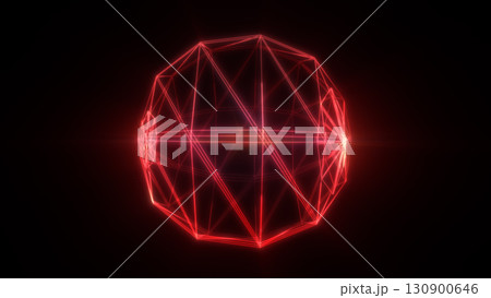 A 3D geometric sphere constructed from intersecting red neon lines, symbolizing a network of advanced technology and futuristic connections 130900646