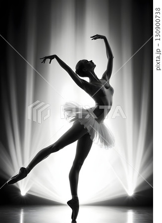 Silhouette of ballerina in graceful dance pose with glowing spotlight, cinematic elegant stage scene Silhouette of ballerina in graceful dance pose with glowing spotlight, cinematic elegant stage scene 130900738
