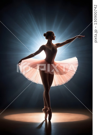 Silhouette of ballerina in graceful dance pose with glowing spotlight, cinematic elegant stage scene 130900742