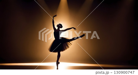 Silhouette of ballerina in graceful dance pose with glowing spotlight, cinematic elegant stage scene 130900747