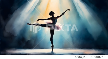 Silhouette of ballerina in graceful dance pose with glowing spotlight, cinematic elegant stage scene 130900748