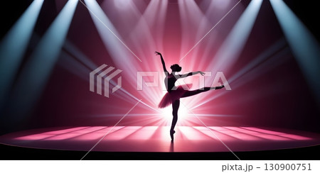Silhouette of ballerina in graceful dance pose with glowing spotlight, cinematic elegant stage scene 130900751
