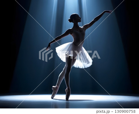 Silhouette of ballerina in graceful dance pose with glowing spotlight, cinematic elegant stage scene Silhouette of ballerina in graceful dance pose with glowing spotlight, cinematic elegant stage scene 130900758