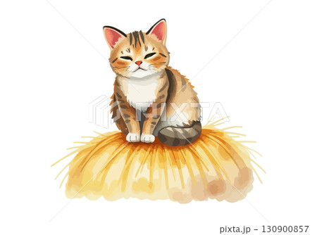 Watercolor vector illustration a cat on a haystack. 130900857