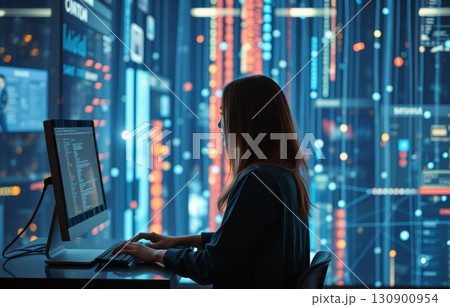 Woman works at a computer in the data center. 130900954