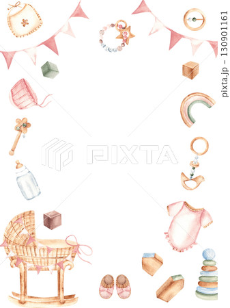 Baby girl Card Template, vertical Frame with Toys, clothes and cradle. Baby Shower border. Hand drawn watercolor illustration in pastel colors. For newborn greeting cards, invitations, gender reveal 130901161