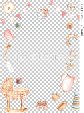 Baby girl Card Template, vertical Frame with Toys, clothes and cradle. Baby Shower border. Hand drawn watercolor illustration in pastel colors. For newborn greeting cards, invitations, gender reveal 130901161