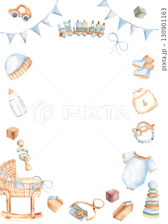 Baby boy Card Template with Toys, clothes and cradle. Baby Shower vertical frame, border. Hand drawn watercolor illustration in pastel colors. For newborn greeting cards, invitations, gender reveal 130901163
