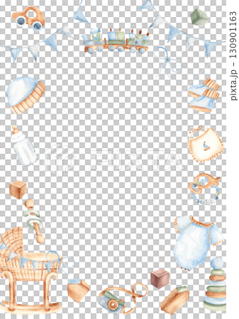 Baby boy Card Template with Toys, clothes and cradle. Baby Shower vertical frame, border. Hand drawn watercolor illustration in pastel colors. For newborn greeting cards, invitations, gender reveal 130901163