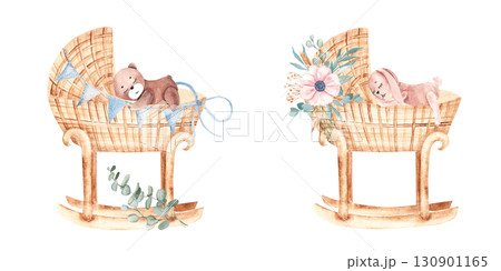 Watercolor Baby cradle Set for a Girl and a Boy from rattan with floral bouquets and plush Toys, bunny and bear in Vintage style isolated on a white background. Children's eco accessory for newborn 130901165