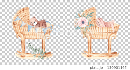 Watercolor Baby cradle Set for a Girl and a Boy from rattan with floral bouquets and plush Toys, bunny and bear in Vintage style isolated on a white background. Children's eco accessory for newborn 130901165