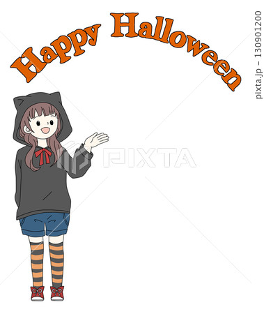 ハロウィン見出しバナー（黒ねこパーカーの女の子／背景透過PNG） 130901200