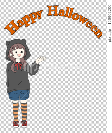 ハロウィン見出しバナー（黒ねこパーカーの女の子／背景透過PNG） 130901200