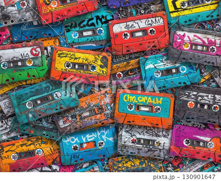 Abstract colorful cassette tapes with graffiti style art 130901647