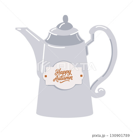 Vintage grey teapot, cozy kettle with Hello Autumn inscription. Rustic aluminum retro kettle. Colored flat vector illustration isolated on white background. 130901789